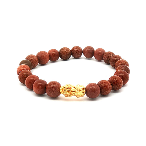 18k Yellow Gold Dragon Bracelet – Brown Round Beads with Hollow Gold Dragon Charm