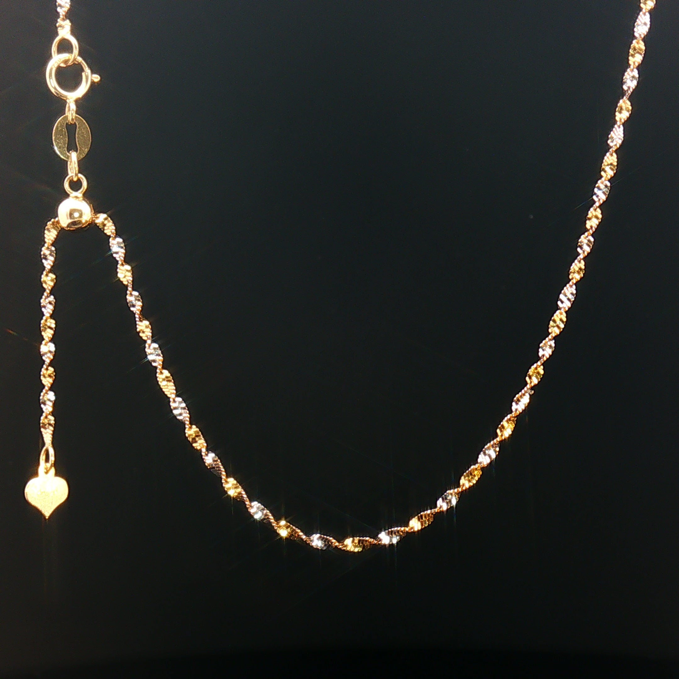 18k Two-Tone Gold Twisted Adjustable Chain Necklace – Yellow & White Gold with Heart Charm