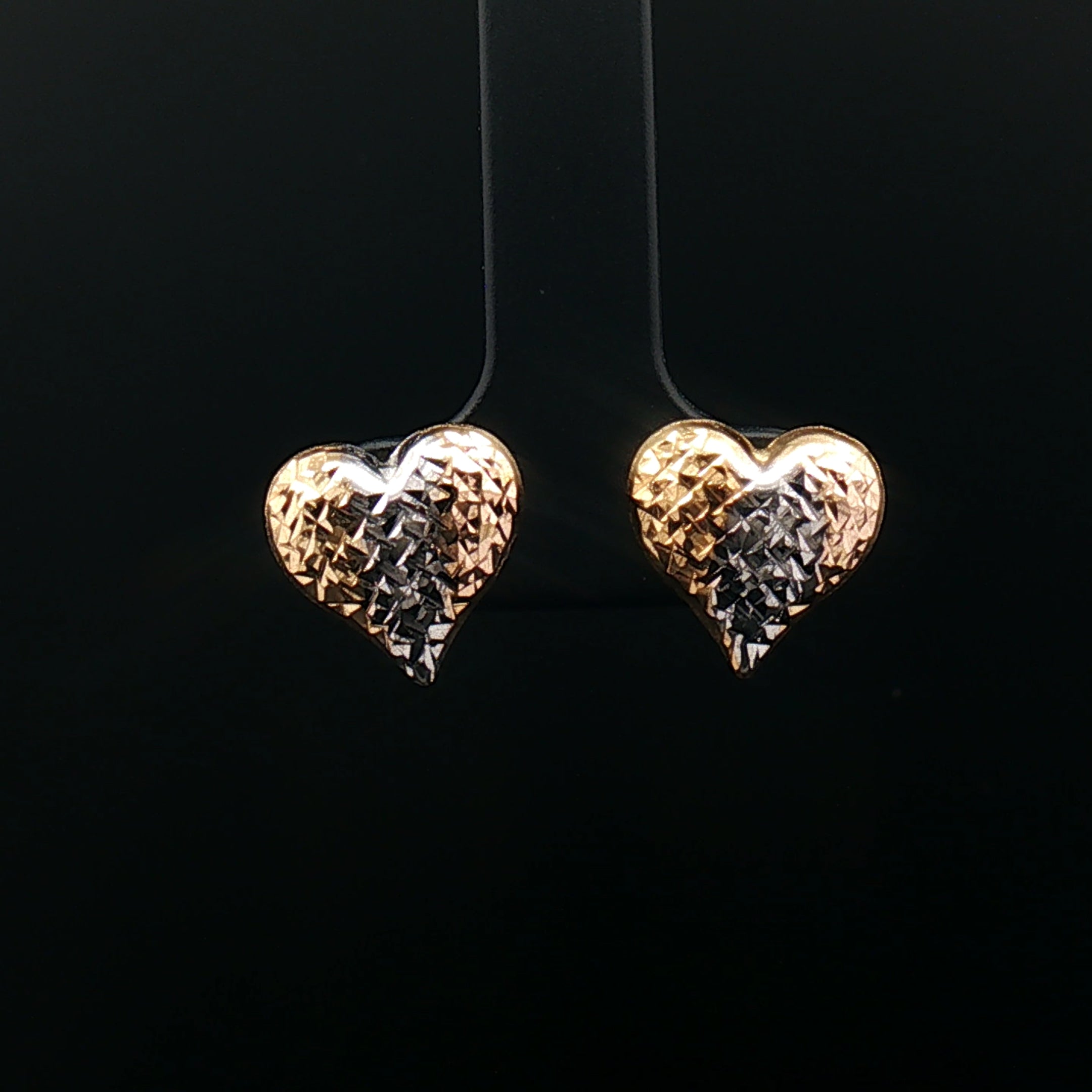 18k Yellow Gold Tri-Colour Heart Stud Earrings – Textured Yellow, Rose & White Gold Design