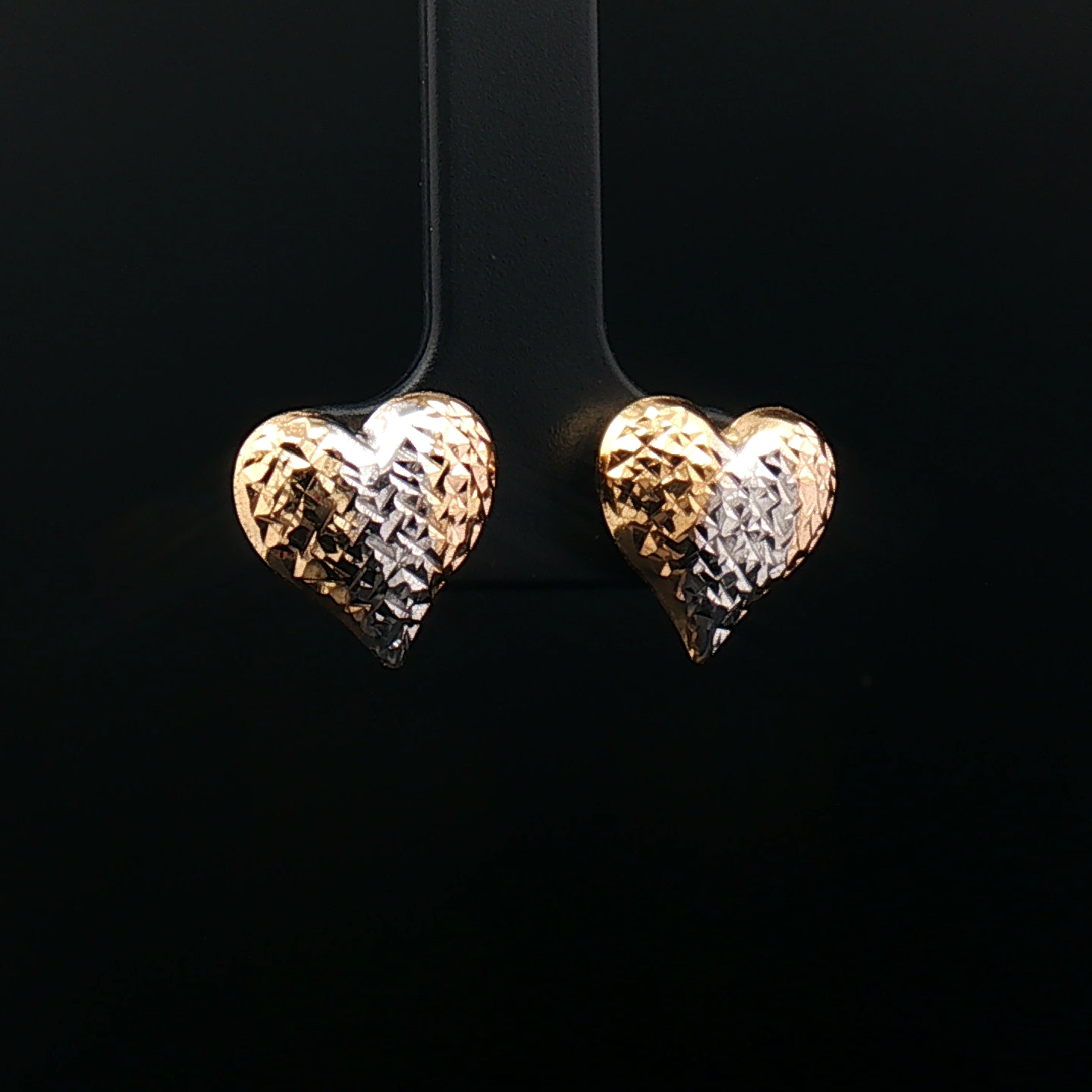 18k Yellow Gold Tri-Colour Heart Stud Earrings – Textured Yellow, Rose & White Gold Design