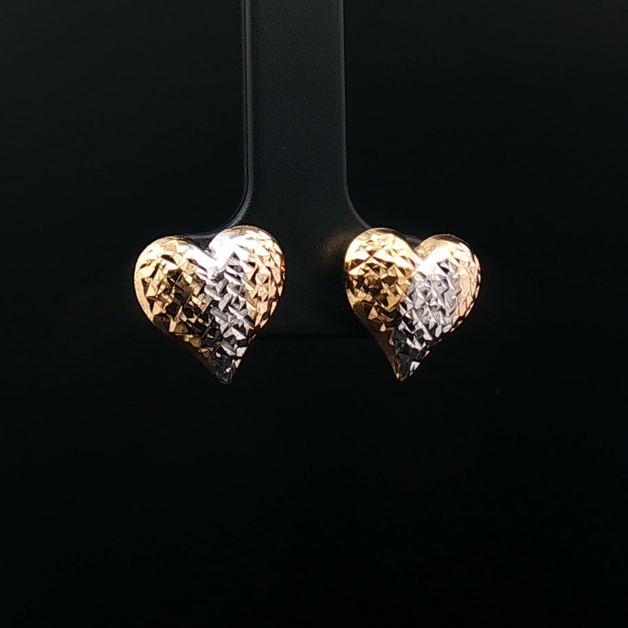 18k Yellow Gold Tri-Colour Heart Stud Earrings – Textured Yellow, Rose & White Gold Design