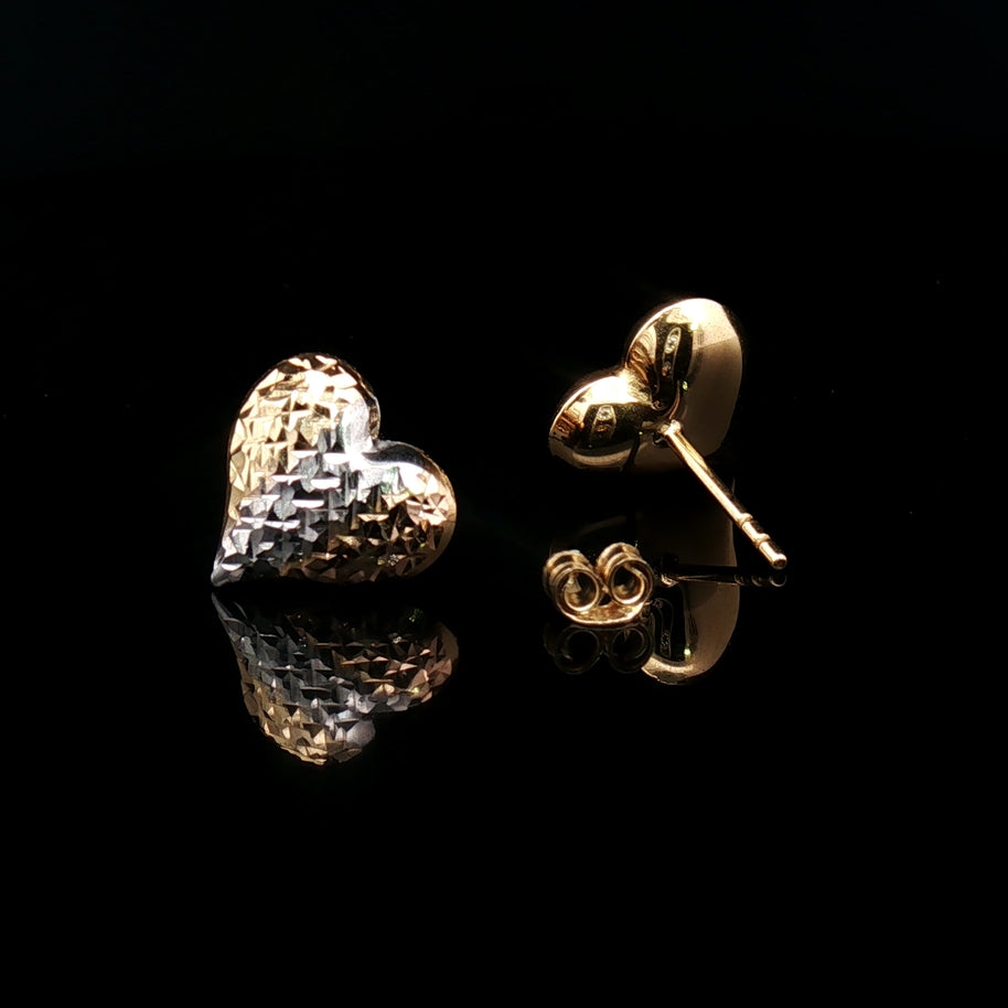 18k Yellow Gold Tri-Colour Heart Stud Earrings – Textured Yellow, Rose & White Gold Design