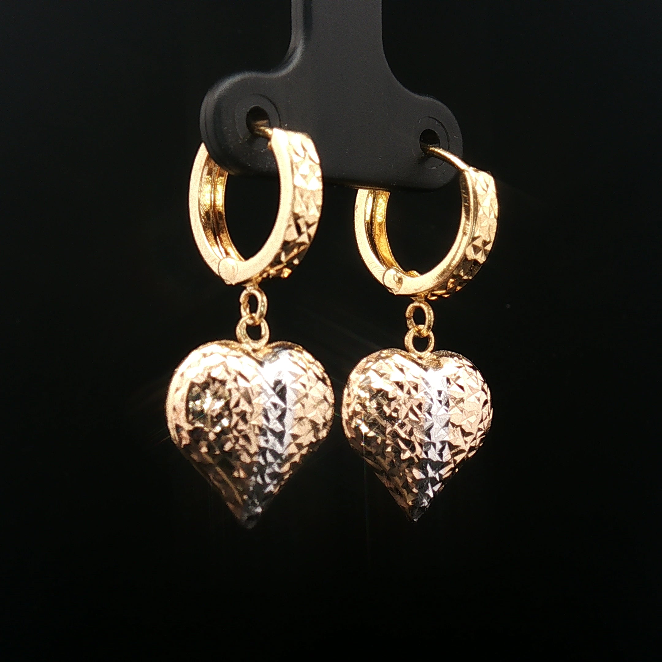18k Yellow Gold Tri-Colour Heart Dangle Earrings – Textured Yellow, Rose & White Gold Hearts