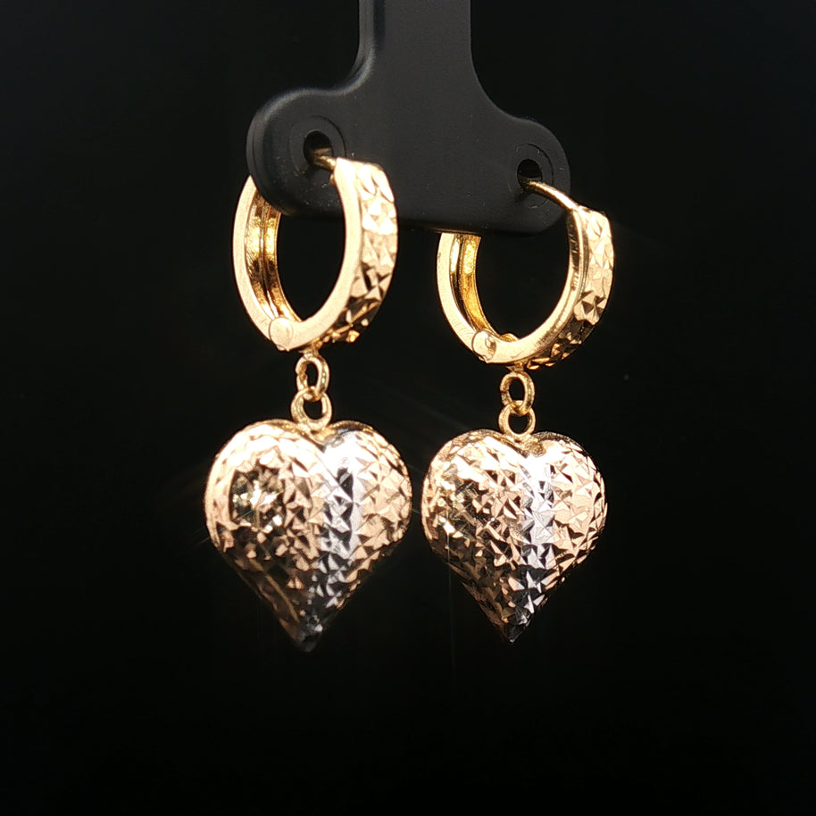 18k Yellow Gold Tri-Colour Heart Dangle Earrings – Textured Yellow, Rose & White Gold Hearts