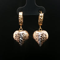 18k Yellow Gold Tri-Colour Heart Dangle Earrings – Textured Yellow, Rose & White Gold Hearts