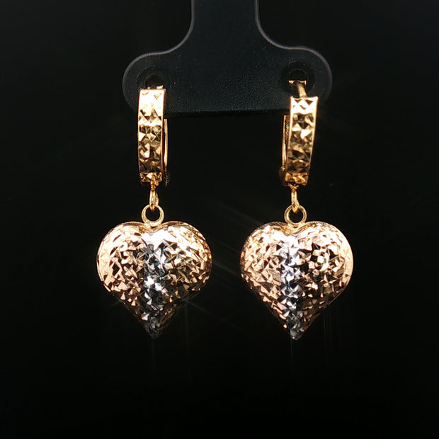 18k Yellow Gold Tri-Colour Heart Dangle Earrings – Textured Yellow, Rose & White Gold Hearts