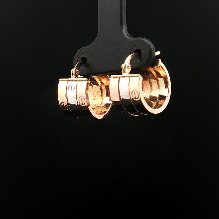 18k Yellow Gold Tri-Colour Hoop Earrings – Interlocking Yellow, Rose & White Gold Motif Hoops