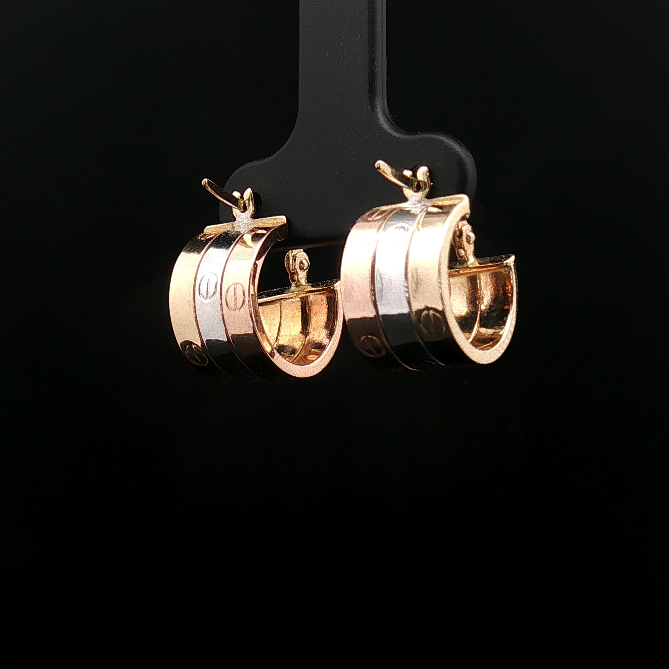 18k Yellow Gold Tri-Colour Hoop Earrings – Interlocking Yellow, Rose & White Gold Motif Hoops