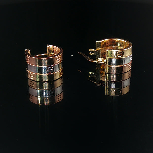 18k Yellow Gold Tri-Colour Hoop Earrings – Interlocking Yellow, Rose & White Gold Motif Hoops