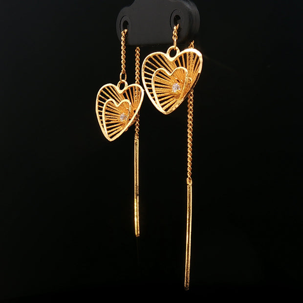 18k Yellow Gold Heart Slider Dangle Earrings – Adjustable Moissanite Drop Design