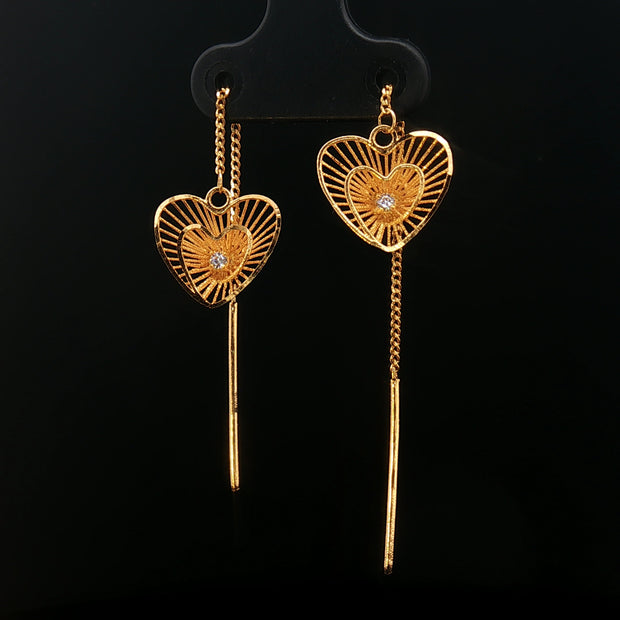 18k Yellow Gold Heart Slider Dangle Earrings – Adjustable Moissanite Drop Design