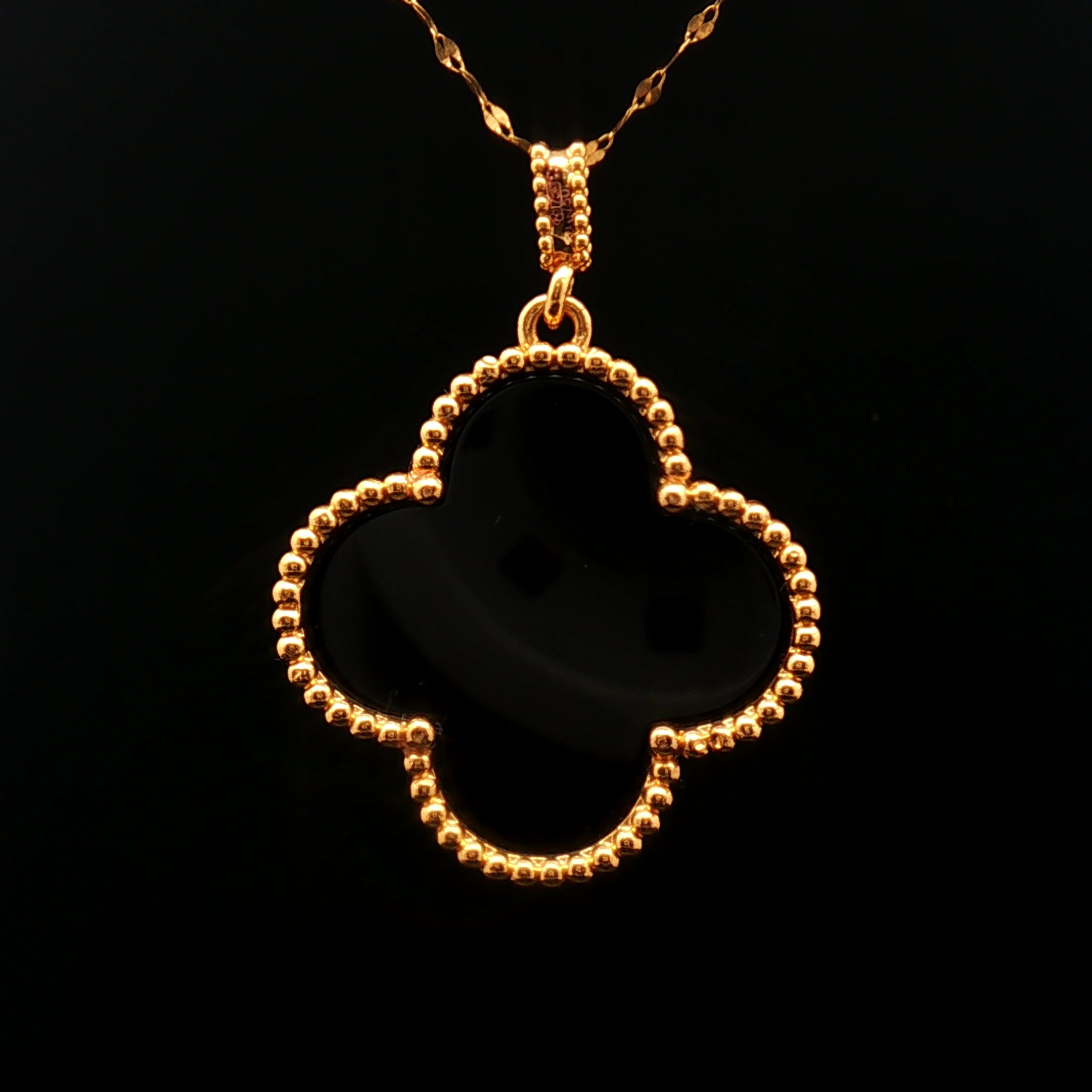 18k Yellow Gold Clover Pendant – 25mm Black Onyx Hollow Charm