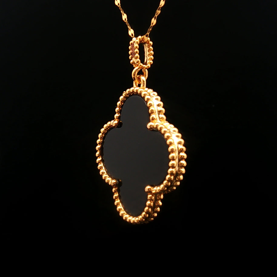 18k Yellow Gold Clover Pendant – 25mm Black Onyx Hollow Charm