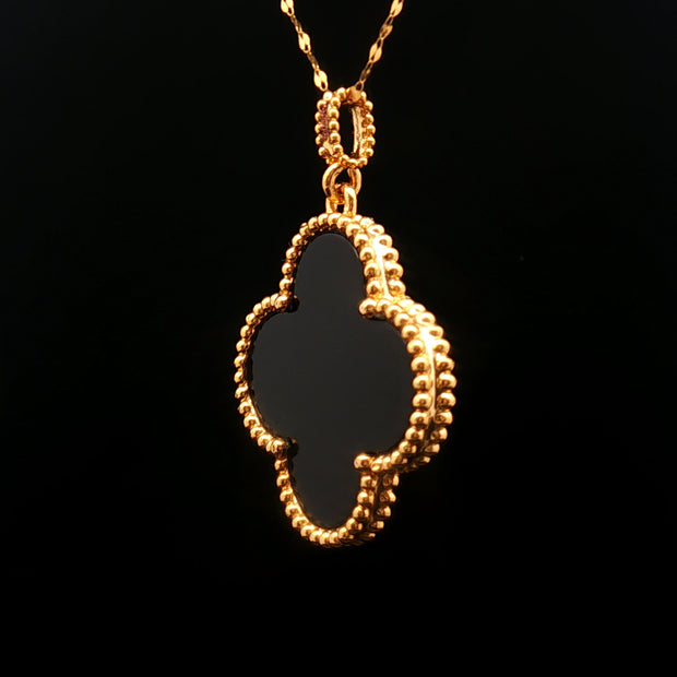 18k Yellow Gold Clover Pendant – 25mm Black Onyx Hollow Charm
