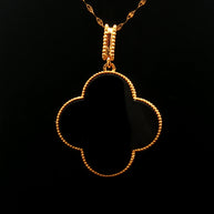 18k Yellow Gold Clover Pendant – 25mm Black Onyx Cabochon Hollow Design