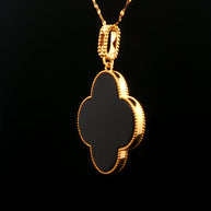 18k Yellow Gold Clover Pendant – 25mm Black Onyx Cabochon Hollow Design