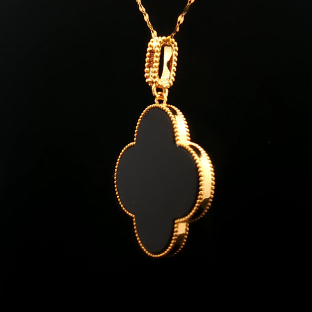 18k Yellow Gold Clover Pendant – 25mm Black Onyx Cabochon Hollow Design