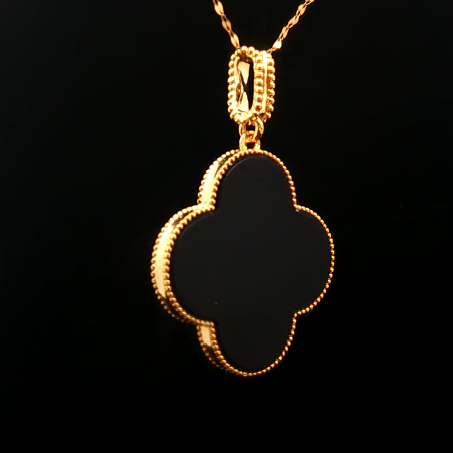18k Yellow Gold Clover Pendant – 25mm Black Onyx Cabochon Hollow Design