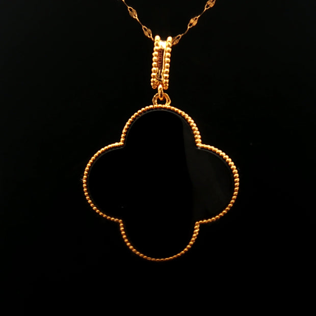 18k Yellow Gold Clover Pendant – 25mm Black Onyx Cabochon Hollow Design