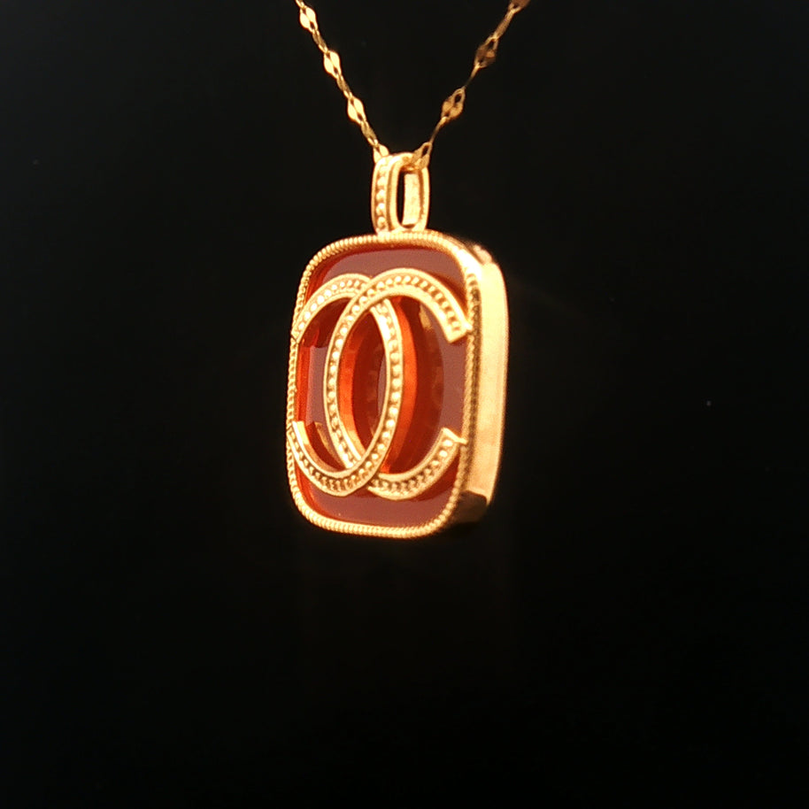 18k Yellow Gold Interlocking Motif Pendant – Red Agate Square Charm with Beaded Detailing