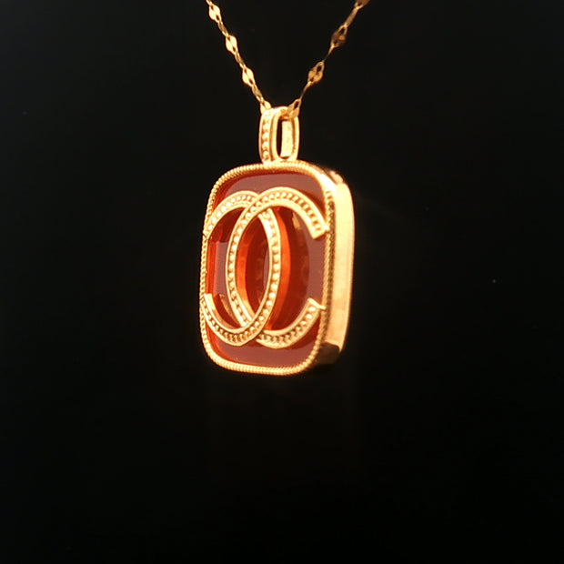 18k Yellow Gold Interlocking Motif Pendant – Red Agate Square Charm with Beaded Detailing