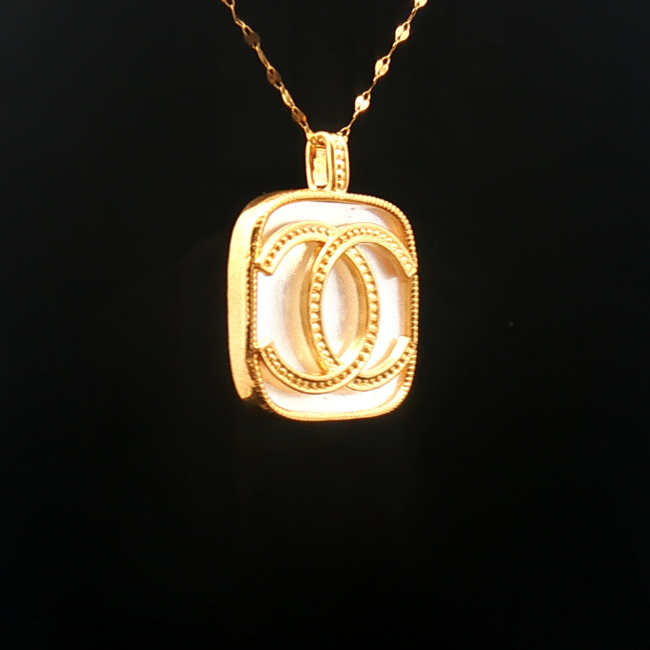 18k Yellow Gold Interlocking Motif Pendant – Square Mother of Pearl Hollow Charm