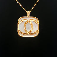 18k Yellow Gold Interlocking Motif Pendant – Square Mother of Pearl Hollow Charm