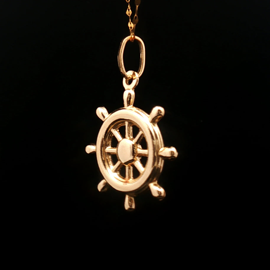 18k Yellow Gold Nautical Ship Wheel Pendant – Lightweight Maritime Charm
