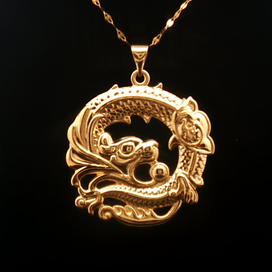 18k Yellow Gold Dragon Pendant – Large Lightweight Circular Charm