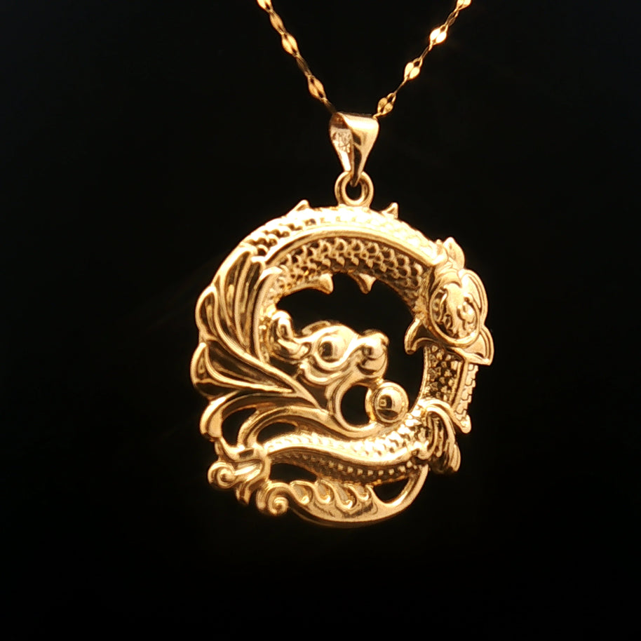 18k Yellow Gold Dragon Pendant – Large Lightweight Circular Charm