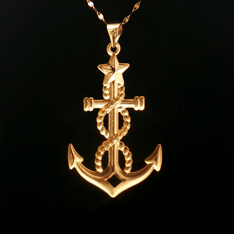 18k Yellow Gold Large Size Anchor Charm Pendant with Star Detail