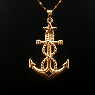 18k Yellow Gold Large Size Anchor Charm Pendant with Star Detail