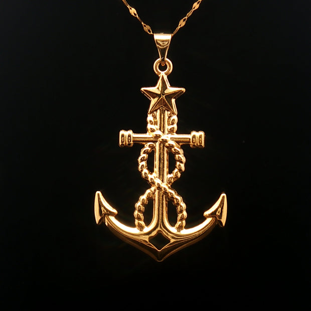 18k Yellow Gold Large Size Anchor Charm Pendant with Star Detail