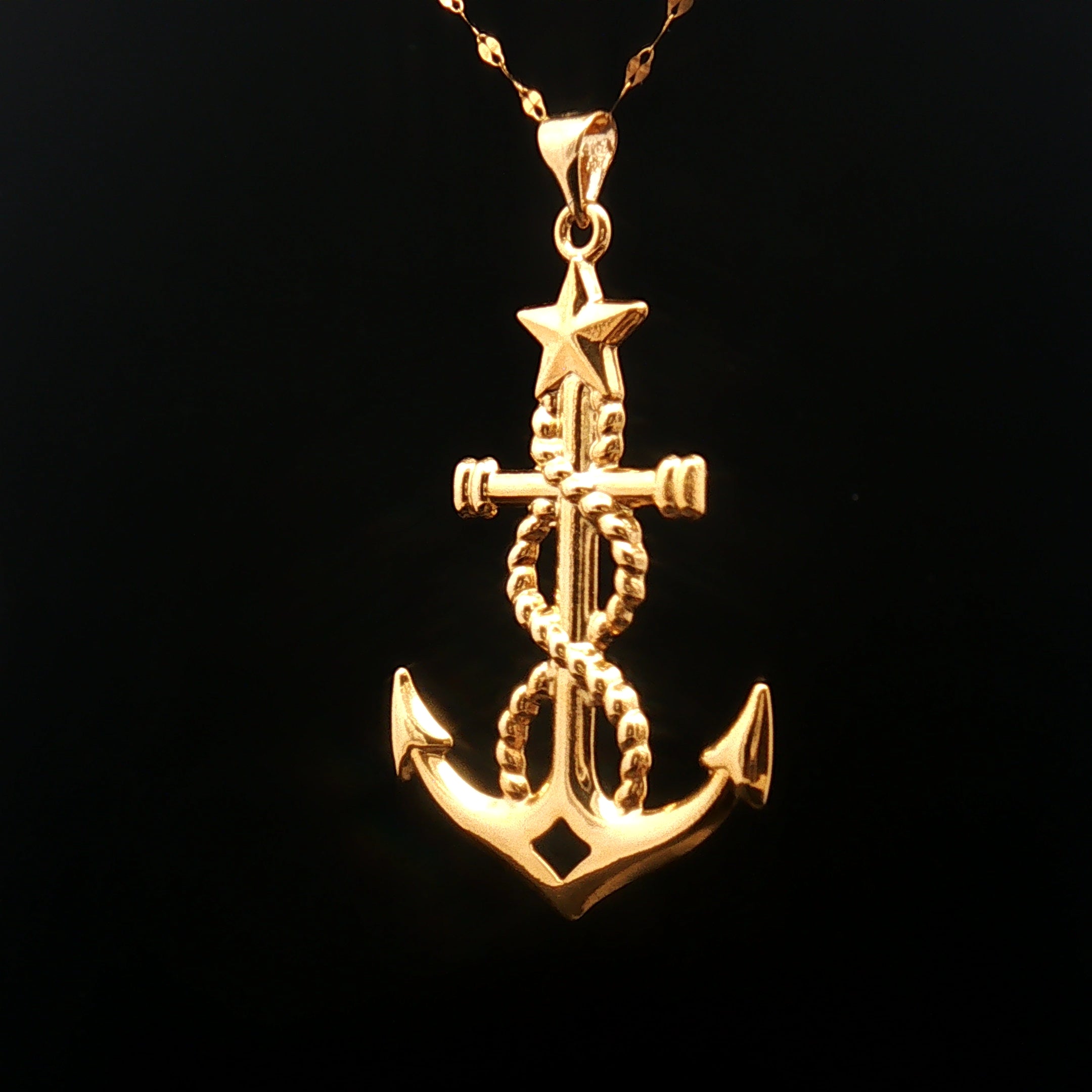 18k Yellow Gold Large Size Anchor Charm Pendant with Star Detail