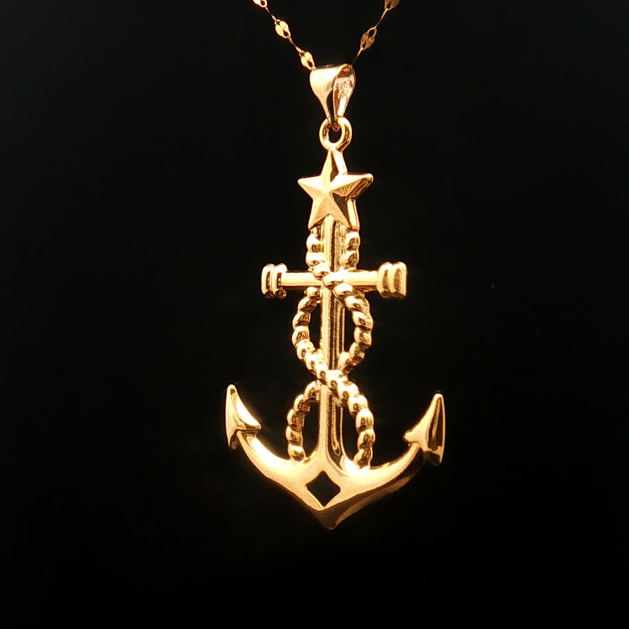 18k Yellow Gold Large Size Anchor Charm Pendant with Star Detail