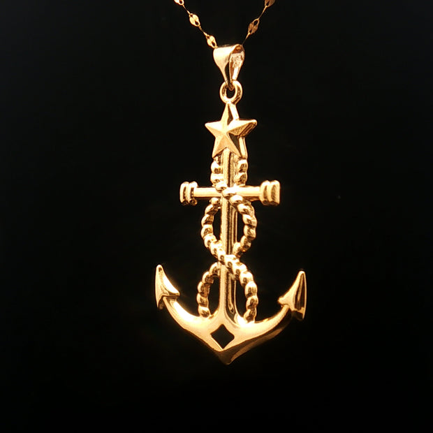18k Yellow Gold Large Size Anchor Charm Pendant with Star Detail
