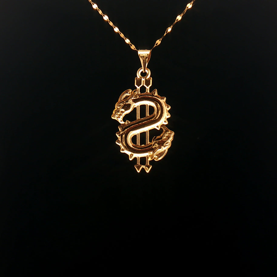 18k Yellow Gold Dragon Dollar Sign Pendant – Lightweight Statement Charm