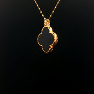 18k Yellow Gold Koi Fish Clover Pendant – 20mm Black Onyx Charm with Beaded Detailing